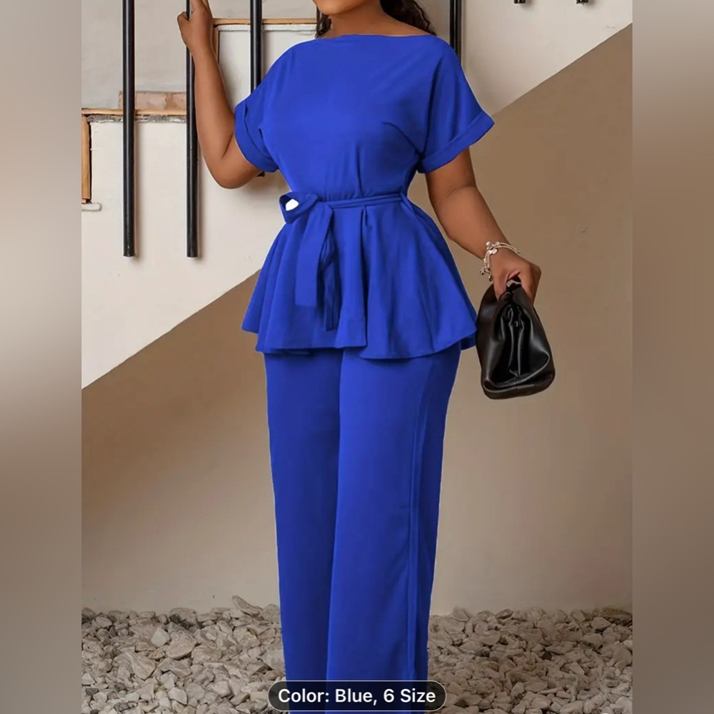 Plus Size Elegant Outfits Set, Women's Plus Solid Short Sleeve Round Neck Belted
